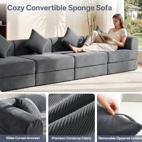 112" L Shaped Modular Sectional Sofa with Ottoman, Cloud Boneless Couch Deep Seat with 4 Pillows, Oversized Folding Sofa Bed Couches for Living Room Bedroom,No Assembly-Grey - color: Grey, size: 4 Seat