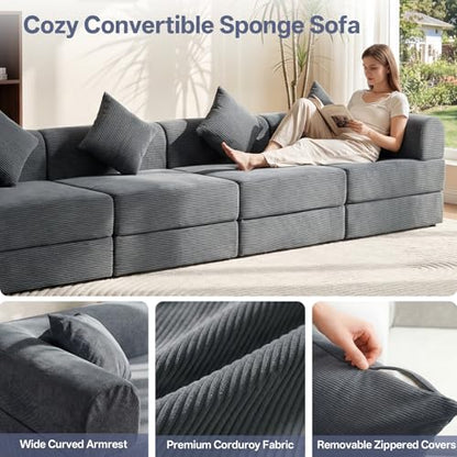 112" L Shaped Modular Sectional Sofa with Ottoman, Cloud Boneless Couch Deep Seat with 4 Pillows, Oversized Folding Sofa Bed Couches for Living Room Bedroom,No Assembly-Grey - color: Grey, size: 4 Seat