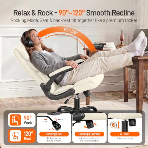 Office Chair, Executive Mid-Back Computer Desk Chair with Flip-up Armrests | 300 Lbs Ergonomic Leather Swivel PC Chair with Rock Function for Working Studying (Creamy White) - color: Creamy White