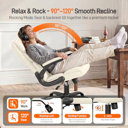 Office Chair, Executive Mid-Back Computer Desk Chair with Flip-up Armrests | 300 Lbs Ergonomic Leather Swivel PC Chair with Rock Function for Working Studying (Creamy White) - color: Creamy White