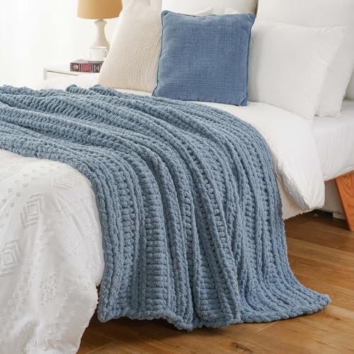 Battilo Chunky Knit Throw Blanket for Couch, 50"x60", Dusty Blue | Hand Knit with Chunky Yarn, Cozy Warm Soft Chenille Throw Blanket for Bed, Sofa, Living Room - color: Dusty Blue