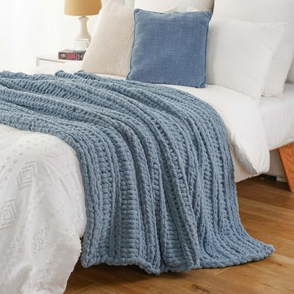 Battilo Chunky Knit Throw Blanket for Couch, 50"x60", Dusty Blue | Hand Knit with Chunky Yarn, Cozy Warm Soft Chenille Throw Blanket for Bed, Sofa, Living Room - color: Dusty Blue