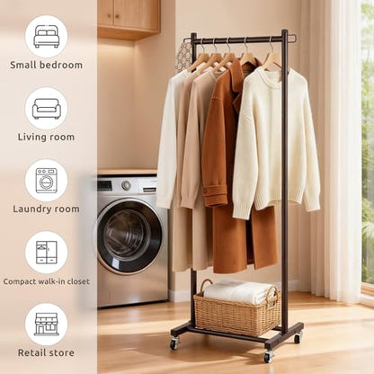 LiaMeE 63 Inch Tall Clothes Rack with Wheels, Heavy Duty Metal Garment Rack with Shoe Shelf, Rolling Clothing Rack Holds 110lbs, Small Space Wardrobe Rack for Bedroom Laundry, Black