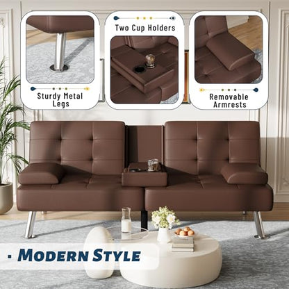 Furmax Leather Futon Sofa Bed, Adjustable Futon Couch for Living Room | Sleeper Sofa Bed with 2 Cup Holders, Reclining Futon Loveseat for Apartment, Business Office & Small Spaces | Brown - color: Brown