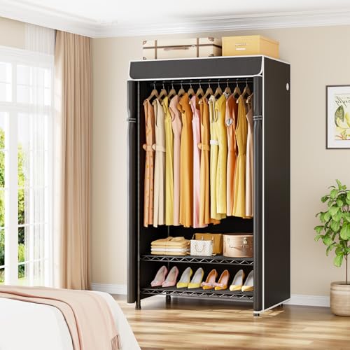 H5C Clothes Rack with Cover, Covered Clothing Rack Heavy Duty | Garment Rack with Shelves, 3-Tier Portable Closets for Hanging Clothes, Max Load 360LBS, Black Closet Racks with Black Cover - color: Black Rack with Black Cover, size: H5C