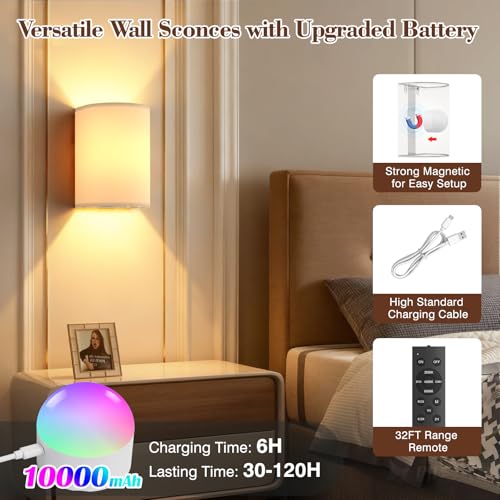 Battery Operated Wall Sconce Set of Two: 10000mAh Wireless Wall Light with Rechargeable Magnetic Bulb - Dimmable Wall Lamp with 7 RGB Colors - Linen Shade Sconces with Remote for Bedroom Living Room | Wireless Wall Light with Magnetic Bulb - Dimmable 7 RG