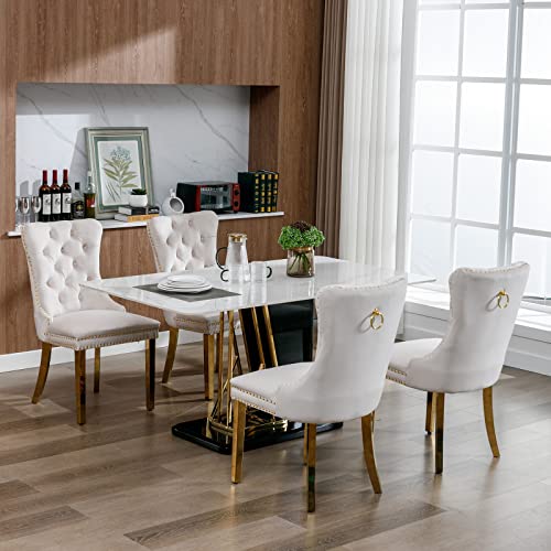 Beige Velvet Dining Chairs Set of 8, Tufted Kitchen & Dining Room Chairs | Eight Fabric Dinning Chairs, Velvet Upholstered, Wing Back, Metal Pull Ring, Gold Legs, Wood Frame, Mid Century Modern - color: A-4 Beige Velvet, Gold Legs, size: 8