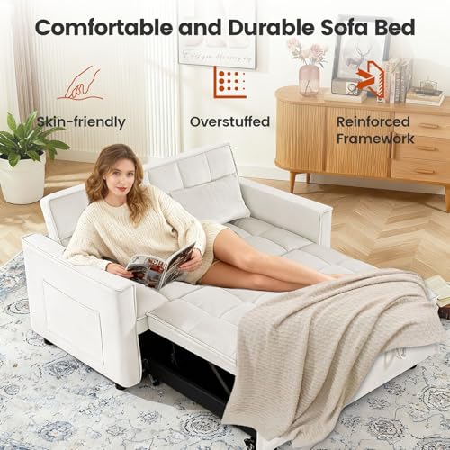 Convertible Sofa Bed, Pull Out Couch with Side Pockets, 3 in 1 Velvet Fabric Loveseat Sleeper Sofa Bed, Pull Out Couch with Adjustable Backrest for Living Room, Bedroom, Apartment, White