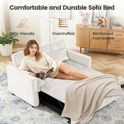 Convertible Sofa Bed, Pull Out Couch with Side Pockets, 3 in 1 Velvet Fabric Loveseat Sleeper Sofa Bed, Pull Out Couch with Adjustable Backrest for Living Room, Bedroom, Apartment, White