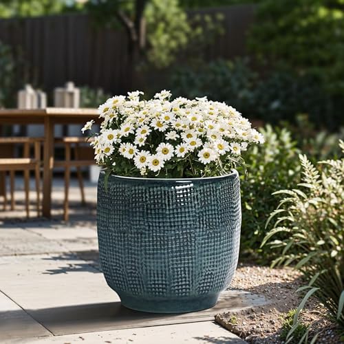LuxenHome 12" Large Round Ceramic Pots for Plants, Glazed Green Planter | Large Plant Pot, Flower Pots with Drainage Hole and Rubber Plug for Home Garden Patio, Indoor and Outdoor Use - color: Teal Gray, size: 12-Inch
