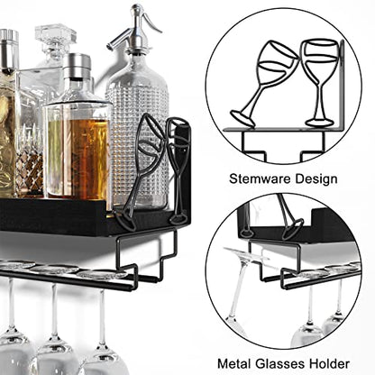 Love-KANKEI Wine Rack with Stemware Hanger,Solid Wood/Bracket,17inch,Black | Wine Glass Rack,Floating Wall Shelf,Easy to Install,40 Lbs/shelf,For Kitchen,Dinning Room,Home Bar,Living Room,Elegant Design - color: Pitch Black