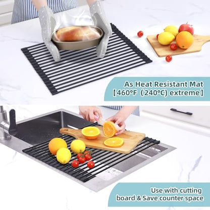 Ohuhu Roll Up Dish Racks, 16.5" L x 13" W Over The Sink Dish Drainer Drying Rack Kitchen Sink Organizer Silicone Wrapped Large in Sink Dish Drying Rack Foldable Rolling Drain Mats Anti-Slip - color: Black, size: 16.5"W x 13"L