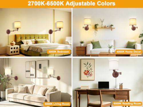 GOODATE Plug in Wall Sconces with Remote Control, Dimming & Adjustable Colors 2700K-6500K, Hardwire or Plug-in, Swing Arm Wall Lamp, Wall Sconces Set of Two, Linen Fabric Shade, Walnut Finish - color: Walnut & Linen