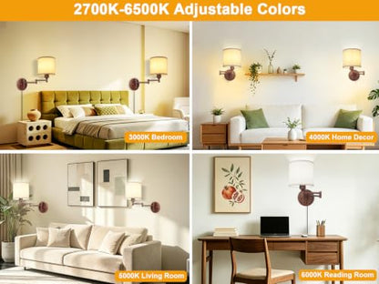 GOODATE Plug in Wall Sconces with Remote Control, Dimming & Adjustable Colors 2700K-6500K, Hardwire or Plug-in, Swing Arm Wall Lamp, Wall Sconces Set of Two, Linen Fabric Shade, Walnut Finish - color: Walnut & Linen