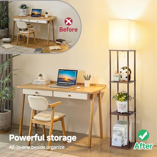 Coucrek 2-Pack Floor Lamp with Shelves, 3-Tier Standing Shelf Lamp | 3CCT 950LM Bulb Included, Storage Bookshelf Tall Standing Lamps for Living Room Bedroom Office - color: Brown