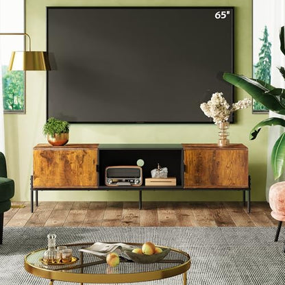 WLIVE 58" TV Stand for 65 Inch TVs, Mid Century Modern Entertainment Center with 2 Storage Cabinets & Open Shelf, Media Console Table with Metal Legs for Living Room, Bedroom, Rustic Brown - color: Rustic Brown