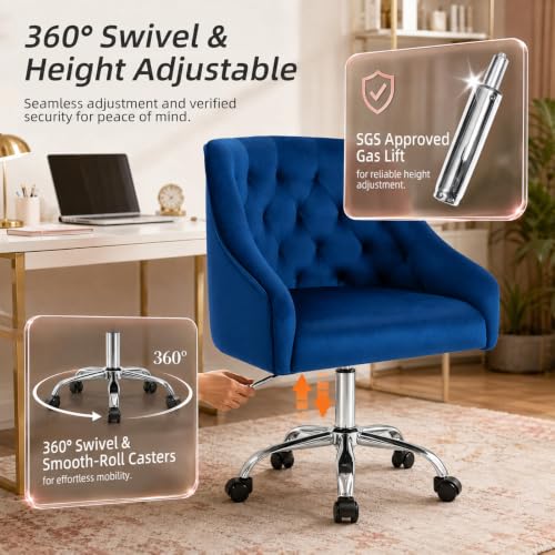 MOJAY Velvet Office Chair, Vanity Desk Chair with Wheels, Silver Base | Height Adjustable, 360° Swivel, Velvet Upholstery, Suitable for Girls, Home Office, Bedroom & Living Room - color: Blue