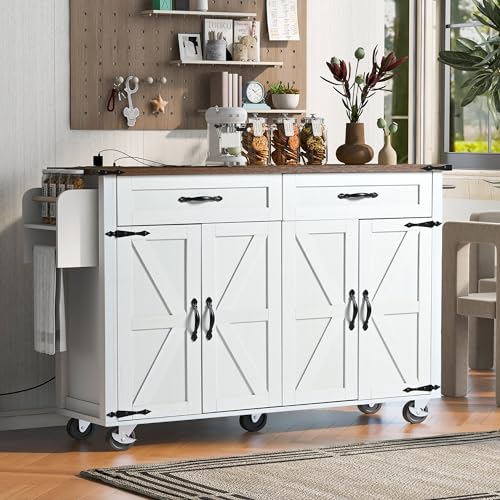53.5" Large Kitchen Island with Storage & Power Outlet, White | Rolling Kitchen Cart, Drop Leaf, Power Outlet, USB Ports, Adjustable Shelves, 2 Drawers, Cabinets, Lockable Wheels, Farmhouse - color: White-53.5"