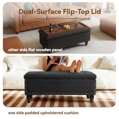 42'' End of Bed Storage Bench with Dual-Surface Lid, Upholstered Ottoman with Hidden Storage, Chenille Bench Seating with Wood Panel Seat for Entryway,Living Room,Bedroom-Black - color: 5-black