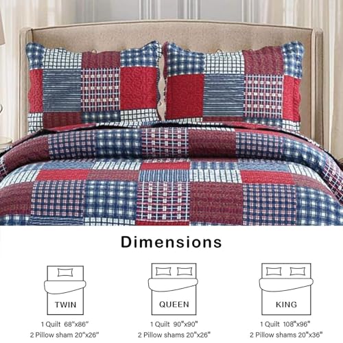 Ycosy Plaid Quilt Set Queen Size Country Patchwork Bedding Set Lightweight Reversible Bedspread Coverlet Set Red Blue Pliad Quilts Soft Home Collections with 2 Pillow Shams - color: Red Plaid Quilt, size: Full/Queen