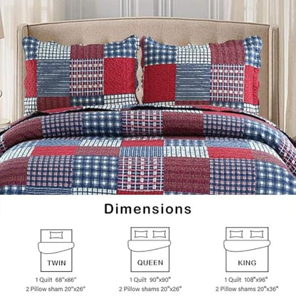 Ycosy Plaid Quilt Set Queen Size Country Patchwork Bedding Set Lightweight Reversible Bedspread Coverlet Set Red Blue Pliad Quilts Soft Home Collections with 2 Pillow Shams - color: Red Plaid Quilt, size: Full/Queen