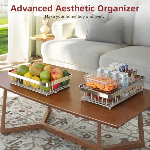 2-Tier Fruit Basket with Banana Hangers, Detachable Metal Bowl | Wooden handle, protective mats included. Versatile holder for bread, snacks, and veggies. Large 2 tier metal design. - color: Silver, size: 2 Tier