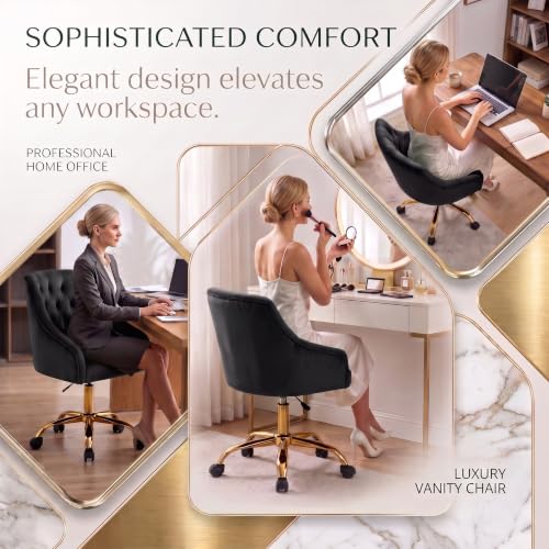 MOJAY Velvet Office Swivel Chair, Vanity Fabric Desk Pretty Fancy Gold Office Chairs for Girls, 360°Swivel Height Adjustable Reception Chair (Black) - color: Black