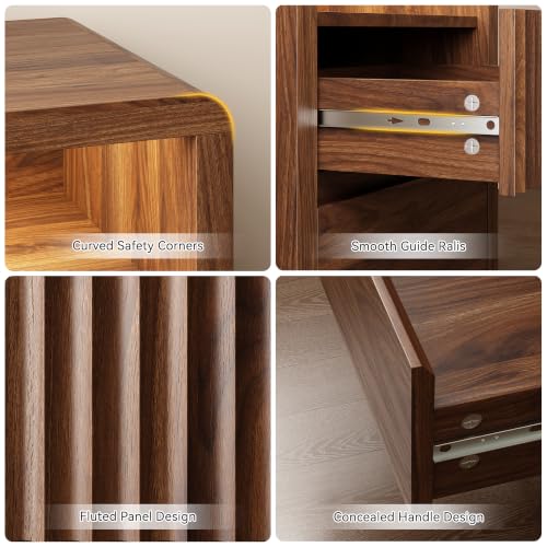 LYNSOM Fluted LED Nightstand Set of 2, Charging Station & 2 Drawers, Walnut | Mid Century Modern Night Stand with Stoarge, Wood Bedside End Table with Curved Edge for Bedroom, Living Room, Office, 20" W - color: Walnut, size: 2 Drawers
