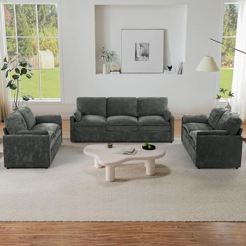 3 Pieces Chenille Sofa Set w/Two Arm Pillows, Grey | Upholstered 2 Pieces Loveseat & 3-Seater Sofa w/Soft Cushions, Modern 2-Seat & 3-Seat w/High-Density Foam for Living Room - color: Grey, size: 69" & 69" & 89" Sofa Set