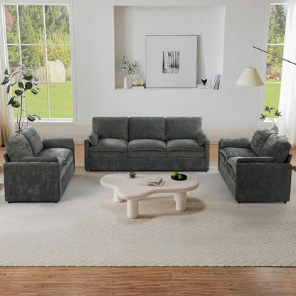 3 Pieces Chenille Sofa Set w/Two Arm Pillows, Grey | Upholstered 2 Pieces Loveseat & 3-Seater Sofa w/Soft Cushions, Modern 2-Seat & 3-Seat w/High-Density Foam for Living Room - color: Grey, size: 69" & 69" & 89" Sofa Set