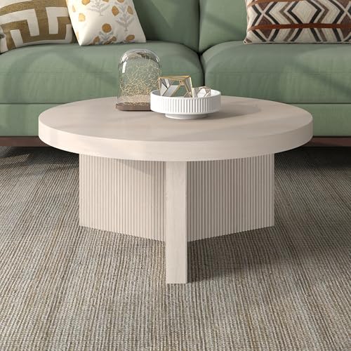 Henn&Hart 32" Scandinavian Fluted Coffee Table, Beech White | Ribbed pedestal base and low profile bring Scandinavian style to small spaces including living rooms or family rooms - color: Beech White, size: 32 inches