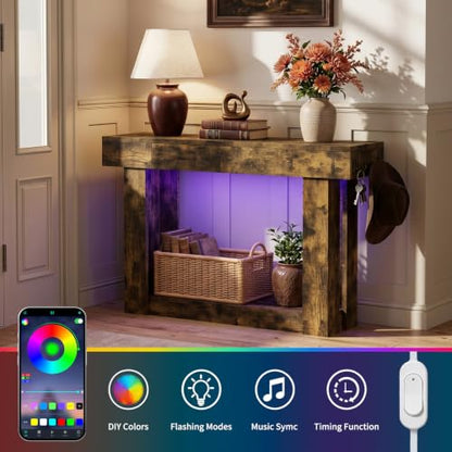 47'' Console Table with 2 Drawers and Open Storage, Entryway Table with Socket, LED Light and Hooks, Narrow Long Wood Sofa Table Behind Couch Table for Living Room, Hallway, Foyer, Brown - size: 47'' IN