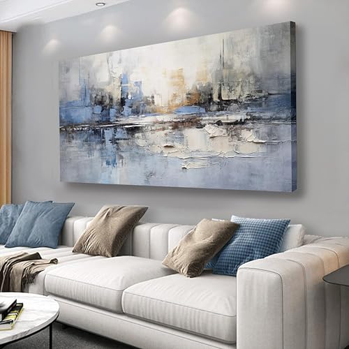 VHMING Abstract Wall Art Wall Decor Blue and Gray White Modern Canvas Wall Paintings Abstract Artwork for Living Room Bedroom Bathroom Office Home Decor Can Be Hung Directly 29"x 58" - color: Blue, size: 58"L x 29"W