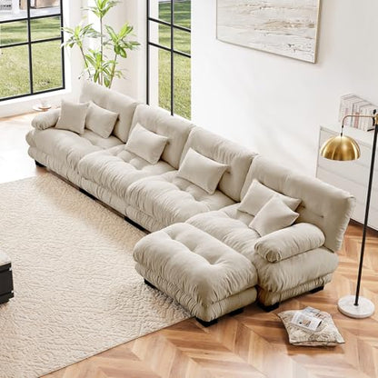 Modular Sectional Sofa for Living Room,173" L-Shaped Comfy Couch with Ottoman, Oversized 4 Seater Beige Sectional Couches with Pillows, Fluffy Couch Set with Deep Seat - color: Chenille Beige, size: 4-Seat & 1-Ottoman