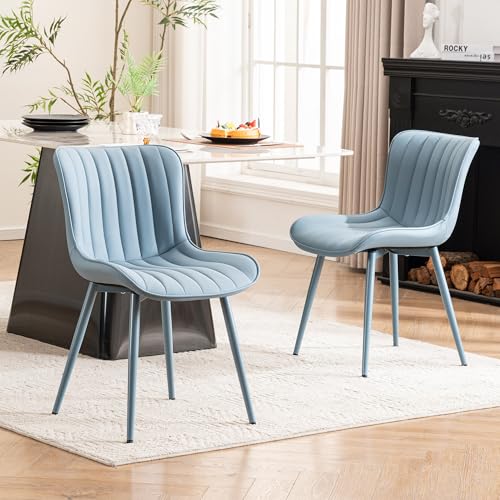 YOUNUOKE Mid-Century Modern Dining Chairs Set of 2, Blue PU Leather | Faux leather upholstery with blue metal legs. Fits dining room, kitchen, and guest reception. Easy to clean. Armless design. - color: All Blue