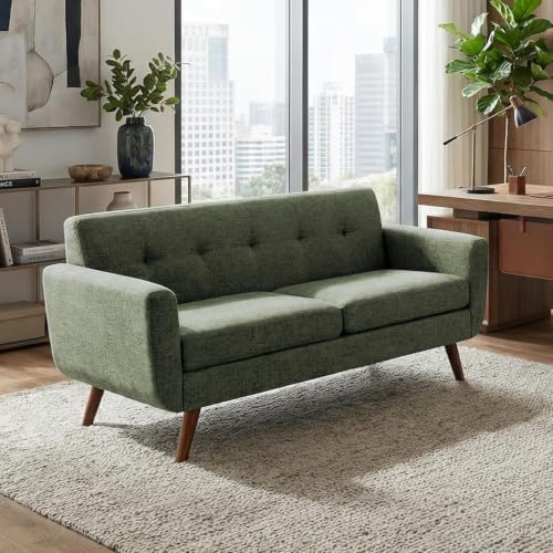 Tbfit 65" W Loveseat Sofa, Mid Century Modern Couches Love Seats for Living Room, Button Tufted Upholstered Small Couch for Bedroom, Solid and Easy to Install Love Seats Furniture, Green - color: Green, size: 65.2 inch