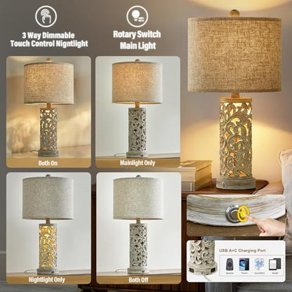 Bedside Table Lamps Set of 2 with USB & Night Light, 22'' Dimmable Touch Lamps for Nightstand, Farmhouse Lamps for Bedroom Living Room Home Offce (Bulb Included) - color: Rustic Grey