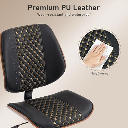 Modern Walnut Home Office Chair, Black-Embroidery | Executive Desk Chair No Armswith Wheels, Adjustable Height, Comfy PU, Deeper Cushion, Mid Back, 360 Swivel Computer Chair - color: Black-embroidery