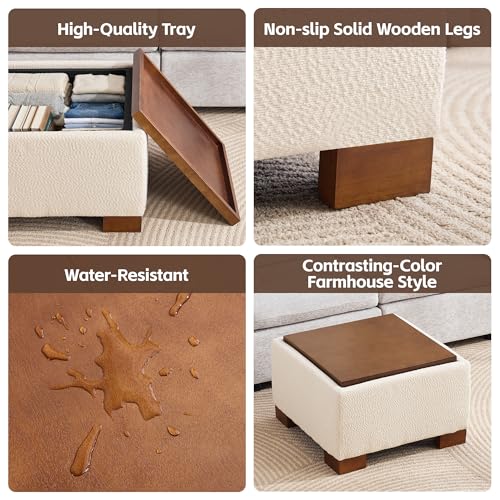 WUTUTUEE 24" Square Ottoman Coffee Table with Storage, Boucle Ottomans with Tray and Solid Wood Legs for Living Room, Bedroom and Apartments, Small Modern Ottoman Tea Table with Lift-Off Lid, Beige - color: 24'' Beige Boucle