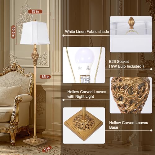 Vintage Farmhouse Floor Lamp with Nightlight, Antique Gold, 65" Tall | White Linen Fabric Shade, Carving Design, Elegant Reading Corner Light, for Living Room, Bedroom, Office, LED Bulb Included - color: Antique Gold