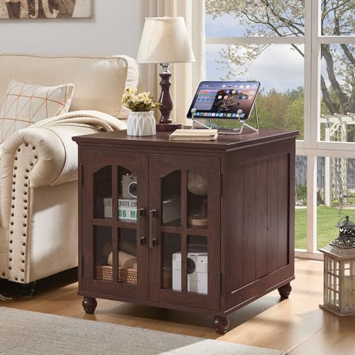 RWYHG Farmhouse 24" End Table with Charger, Glass Barn Door, Walnut | USB Ports, Solid Wood Legs, Adjustable Storage Shelf, Square Bedside Table for Living Room,Bedroom - color: Retro Walnut, size: Set 1