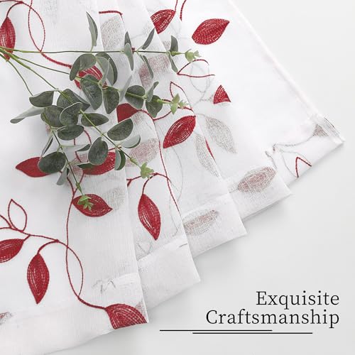 Tollpiz Burgundy Red Leaf Sheer Tier Curtain Kitchen 30 x 36 Inches | Leaves Embroidered Curtains Rod Pocket Voile Bathroom Window Treatment for Cafe, Set of 2 Panels - color: Burgundy Red, size: 30"W x 36"L (Pack of 2)