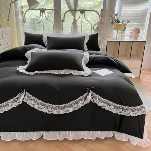 MOOWOO Lace Ruffled Bedding Setwith Cute Bowtie-3PC(1 Full Duvet Cover 80x90 Inch, 2 Pillowcases) Aesthetic, Black Goth Bedding for All Season - color: Black, size: Full