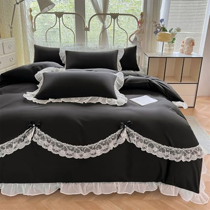 MOOWOO Lace Ruffled Bedding Setwith Cute Bowtie-3PC(1 Full Duvet Cover 80x90 Inch, 2 Pillowcases) Aesthetic, Black Goth Bedding for All Season - color: Black, size: Full