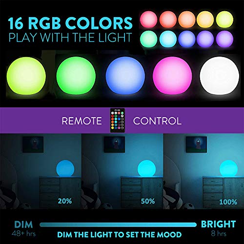 Mr.Go 8-inch Ultra-Fun LED Glowing Ball Light w/Remote, RGB Color Changing Globe Mood Lamp, 16 Colors 8 Brightness 4 Lighting Modes, Waterproof, Rechargeable & AC Adapter Power, Stunning Light Orb - color: Ball 8"