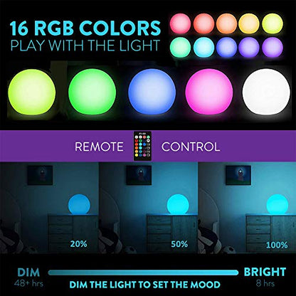 Mr.Go 8-inch Ultra-Fun LED Glowing Ball Light w/Remote, RGB Color Changing Globe Mood Lamp, 16 Colors 8 Brightness 4 Lighting Modes, Waterproof, Rechargeable & AC Adapter Power, Stunning Light Orb - color: Ball 8"