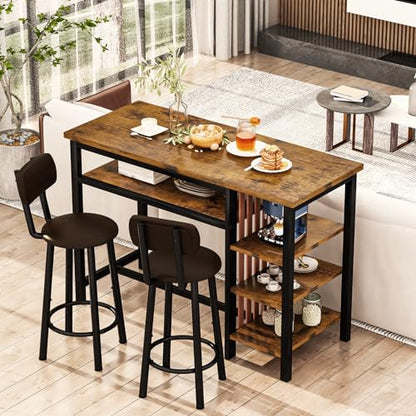 Recaceik 3 Piece Bar Dining Table Set, Modern Bar Table and Stools for 2, Kitchen Counter Height Dining Table Set with 4 Storage, Breakfast Nook Set Pub Table with Backrest - size: 47 inches