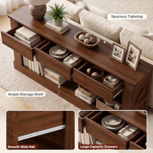 Miereirl 63" Console Table with Drawers & LED Light, Farmhouse, Walnut | Narrow Entryway Sofa Table, 3 Storage Drawers & Open Shelves, Behind Couch, Living Room Hallway Foyer - color: Walnut