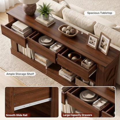 Miereirl 63" Console Table with Drawers & LED Light, Farmhouse, Walnut | Narrow Entryway Sofa Table, 3 Storage Drawers & Open Shelves, Behind Couch, Living Room Hallway Foyer - color: Walnut
