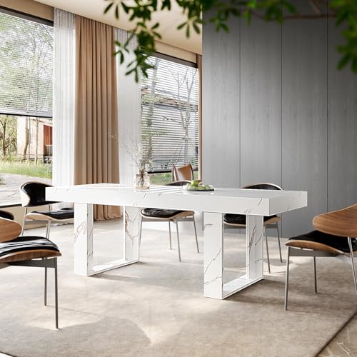 71-87 Inch White Extendable Dining Table, Seats 6-10, Modern Kitchen Table | STHOUYN Expandable Dining Room Table, White Marble-Look Finish, Modern Rectangle Design, Seats 6-10, Kitchen Dinner Table - color: White